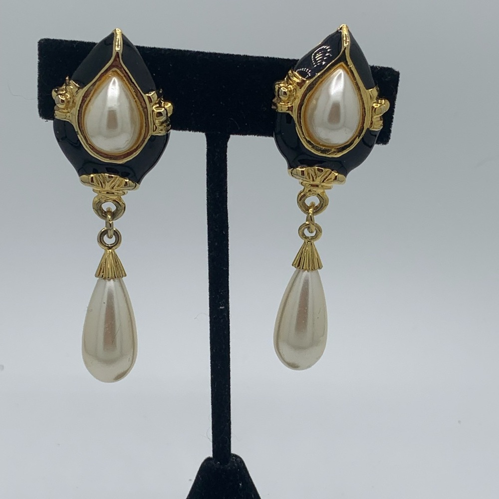 Elegant Black and Gold Drop Earrings with Pearl Accents faux pearl clip earrings